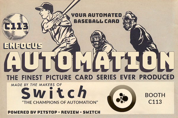 vintage style baseball player with the words enfocus automation