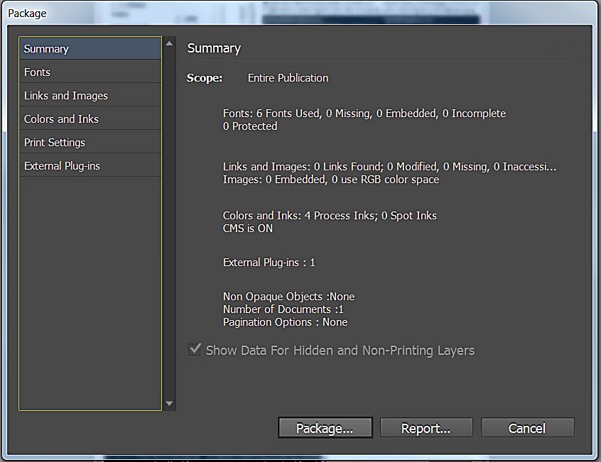 Adobe Indesign Packaging Summary Dialog