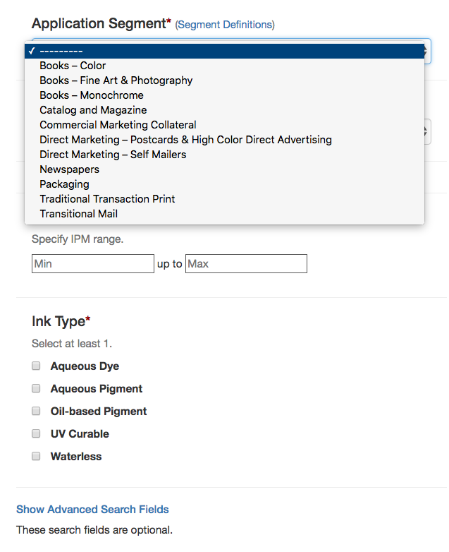 Screen capture of basic search criteria and application segments for Device Finder