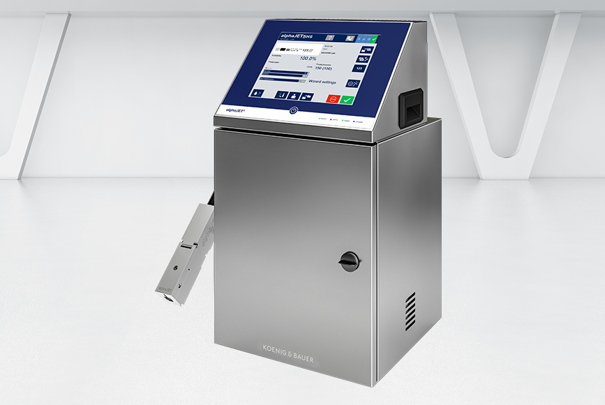 Image of Koenig & Bauer AlphaJET 5 HS printer and controller. Silver machine with blue details and red buttons
